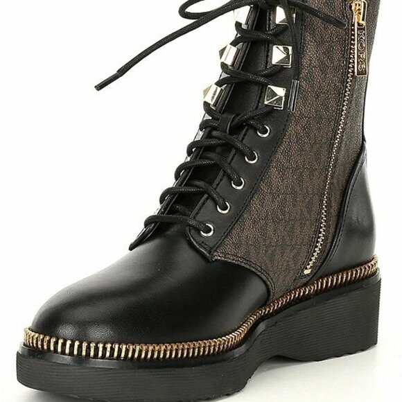 Michael Kors Haskell Crinkled Leather and Logo Combat Boot. 10 - Picture 3 of 12
